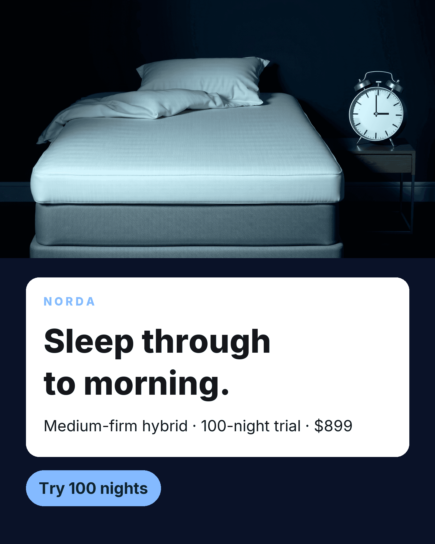 Sample mattress ad: a bed at night beside an alarm clock showing 3am, headline “Sleep through to morning.”