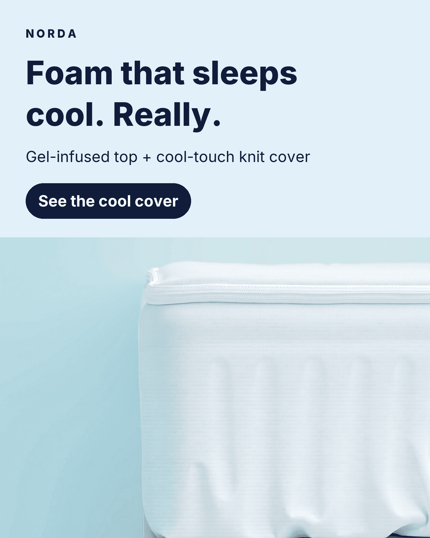 Sample ad: close-up of a white knit mattress cover on pale blue, headline “Foam that sleeps cool. Really.”