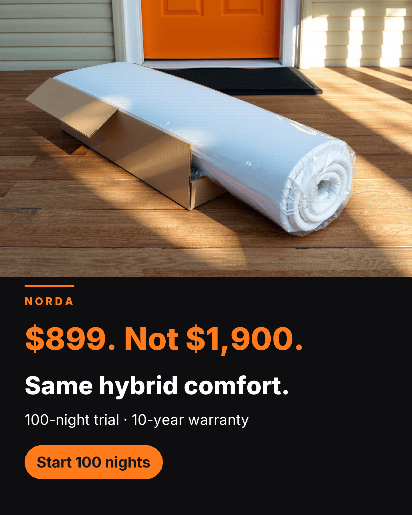Sample ad: a rolled mattress and its box on a porch, headline “$899. Not $1,900.”